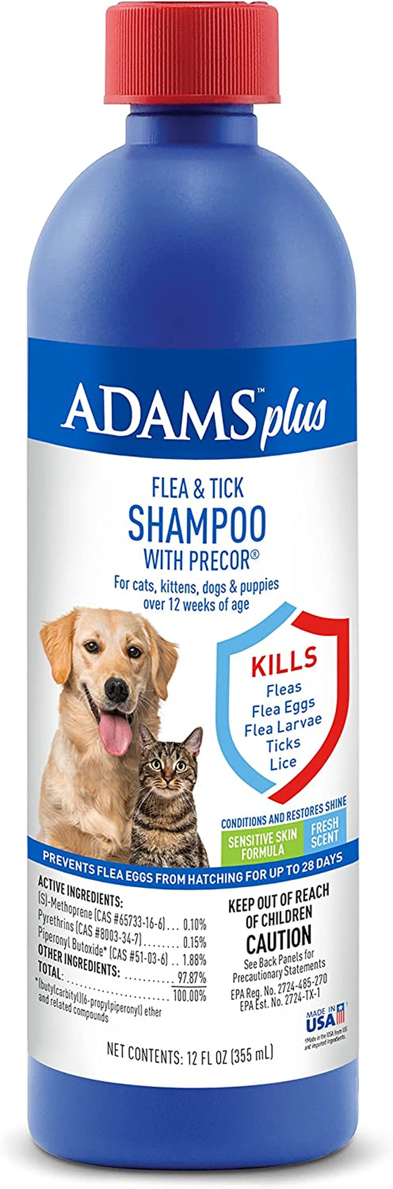 Adams plus Flea & Tick Shampoo with Precor for Cats, Kittens, Dogs & Puppies over 12 Weeks of Age Sensitive Skin Flea Treatment | Kills Adult Fleas, Flea Eggs, Ticks, and Lice