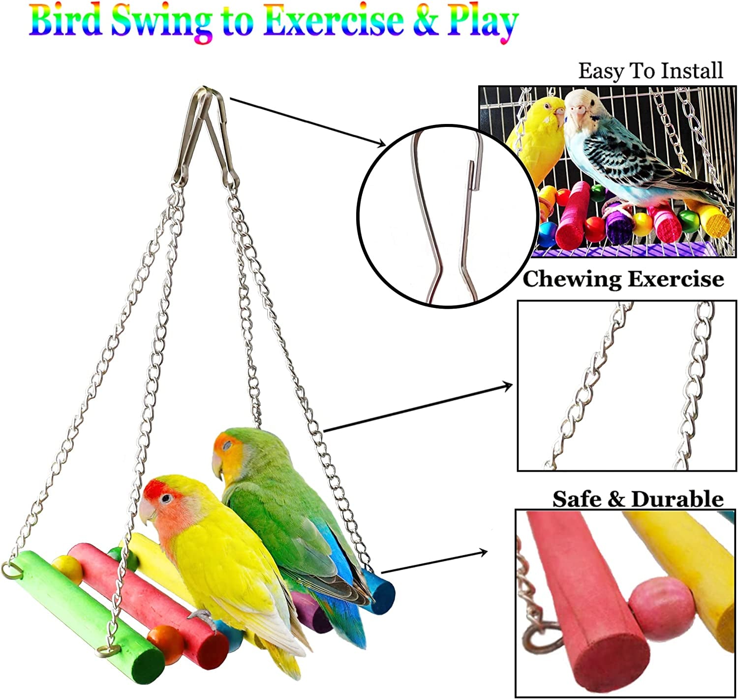 8 Pcs Parakeet Cockatiel Bird Toys, Hanging Bell Pet Bird Cage Hammock Swing Toy Wooden Perch Chewing Toy for Budgerigar, Conures, Love Birds, Finches, Mynah