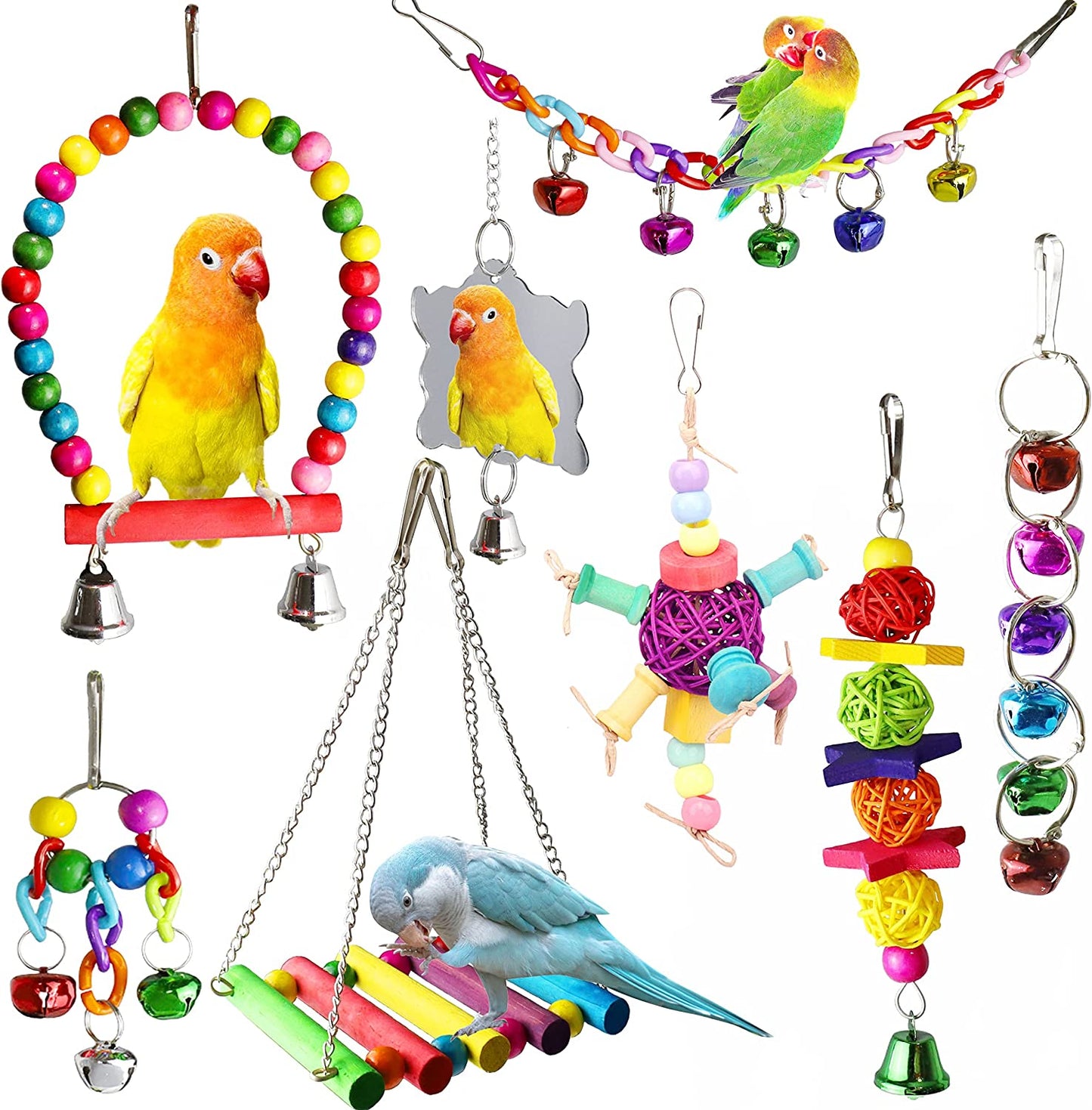 8 Pcs Parakeet Cockatiel Bird Toys, Hanging Bell Pet Bird Cage Hammock Swing Toy Wooden Perch Chewing Toy for Budgerigar, Conures, Love Birds, Finches, Mynah