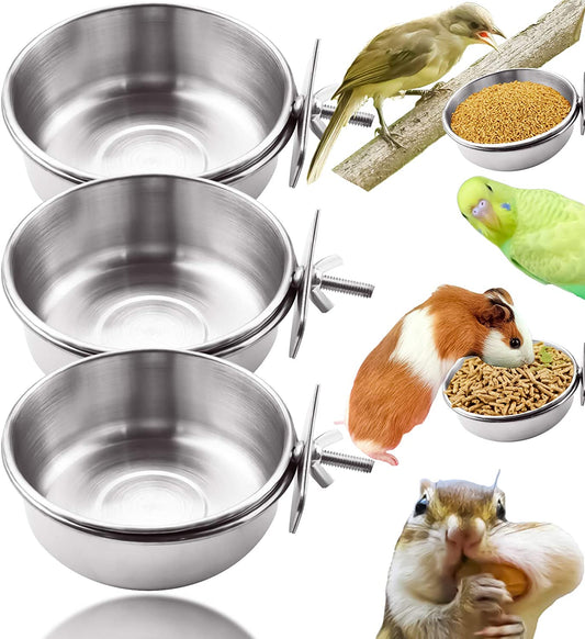 3 Pieces Stainless Steel Bird Feeding Dish Cups, Bird Feeder Parrot Food Water Bowls with Clamp, Pet Cage Cups Holder for Bird Parrot Cockatiel Conure Budgies Parakeet Small Animal