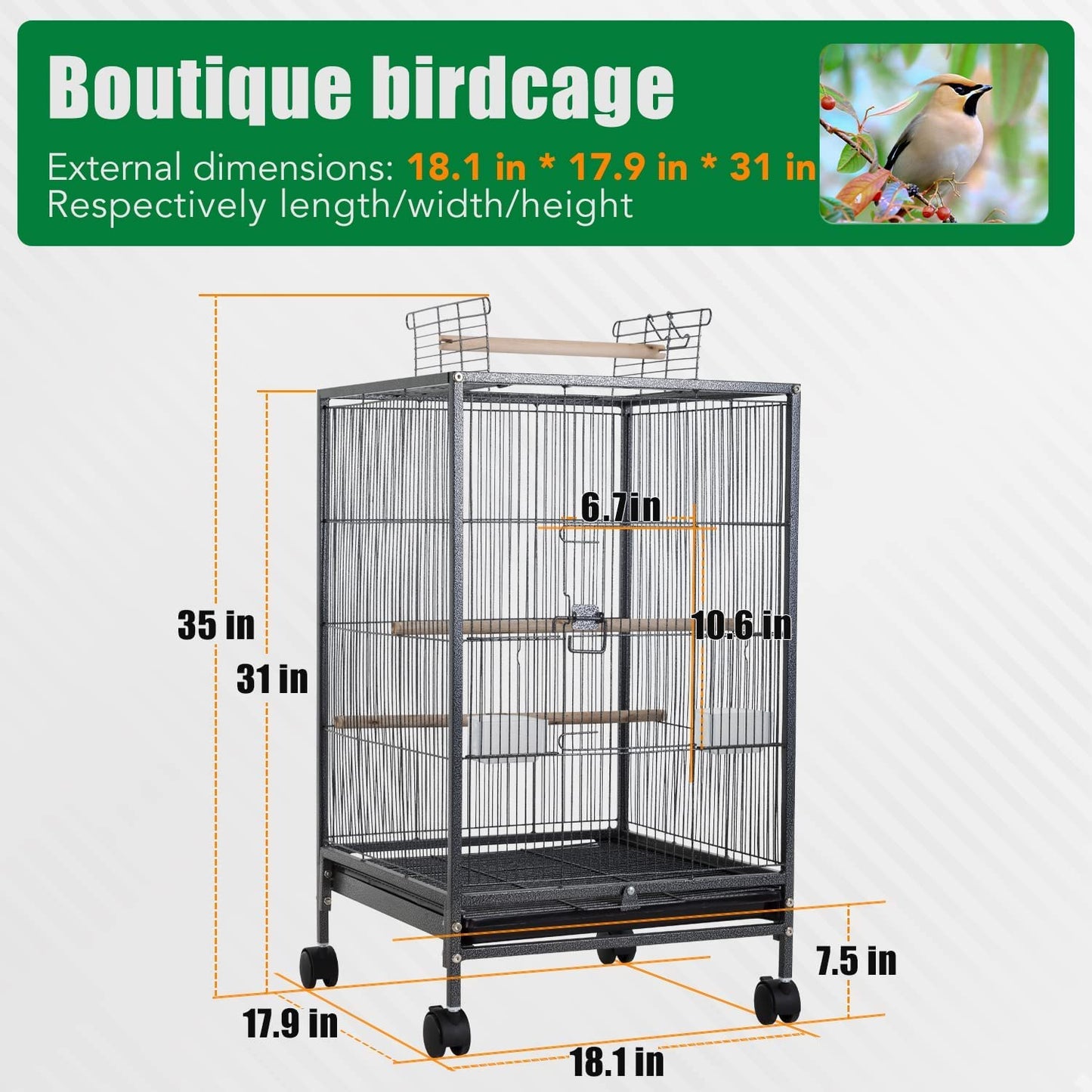 35 Inch 53 Inch Wrought Iron Bird Cage with Play Open Top and Rolling Stand,Large Parrot Cage Bird Cages for Parakeets,Cockatiel, Canary, Finch, Lovebird, Parrotlet,Pigeons (35 Inch)