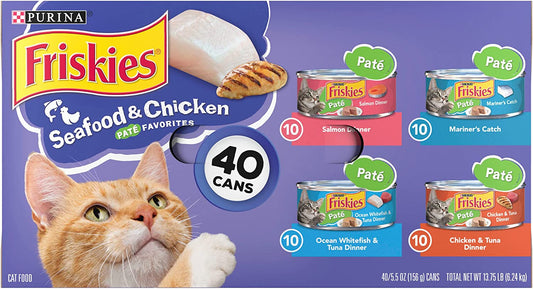 Purina Friskies Wet Cat Food Pate Variety Pack Seafood and Chicken Pate Favorites - (40) 5.5 Oz. Cans