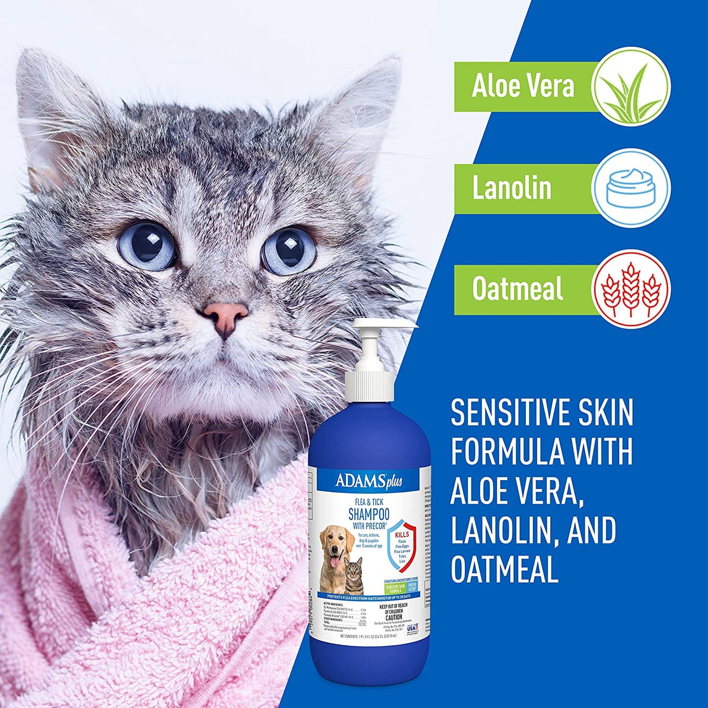 Adams plus Flea & Tick Shampoo with Precor for Cats, Kittens, Dogs & Puppies over 12 Weeks of Age |Sensitive Skin Flea Treatment |Kills Adult Fleas, Flea Eggs, Ticks, and Lice |24 Oz, Pump Included