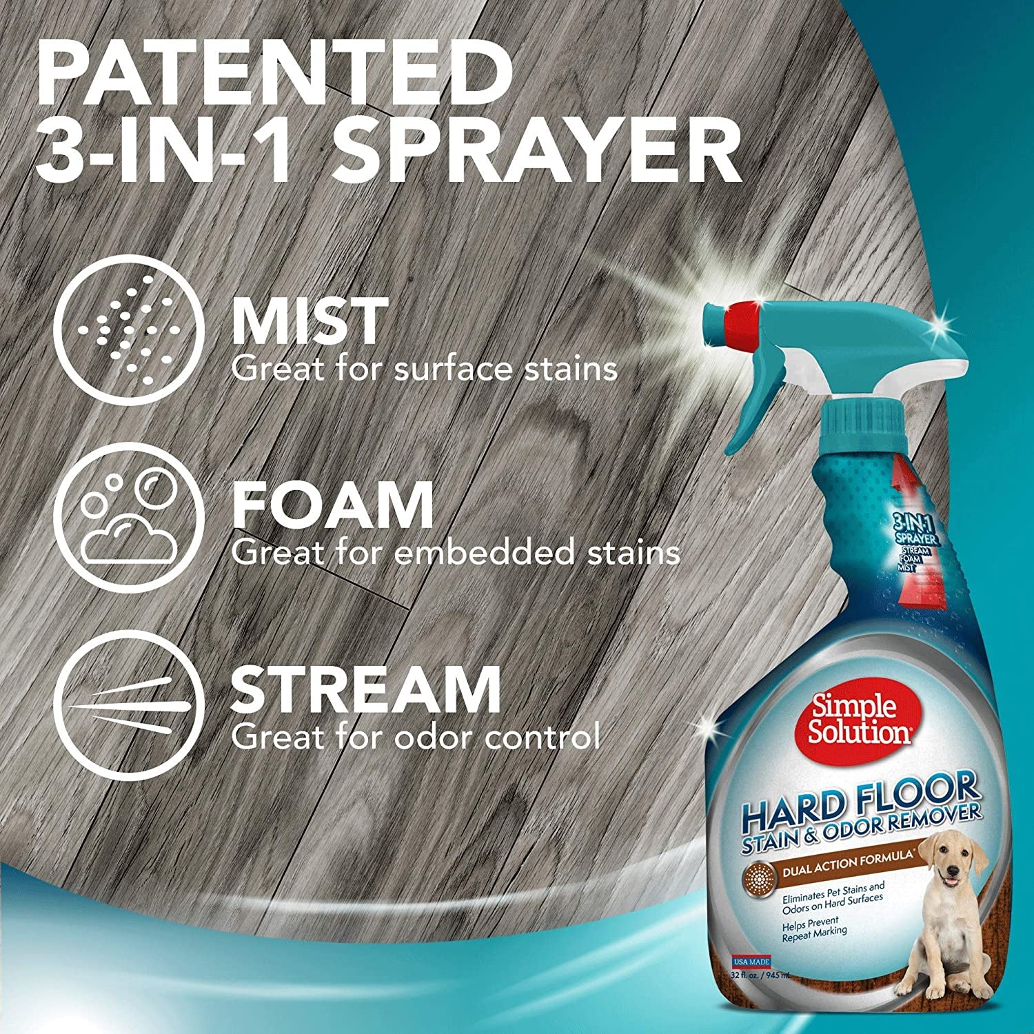 Simple Solution Hard Floor Pet Stain and Odor Remover | Dual Action Cleaner for Sealed Hardwood Floors | 32 Ounces