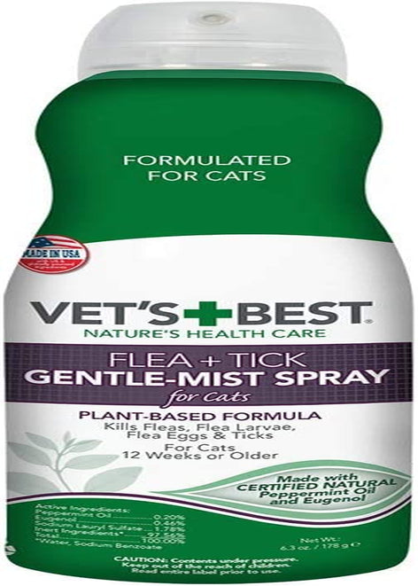 Flea and Tick Gentle-Mist Spray for Cats - Flea Treatment for Cats - Plant-Based Formula - Certified Natural Oils - Easy Application and Control - 6.3 Oz