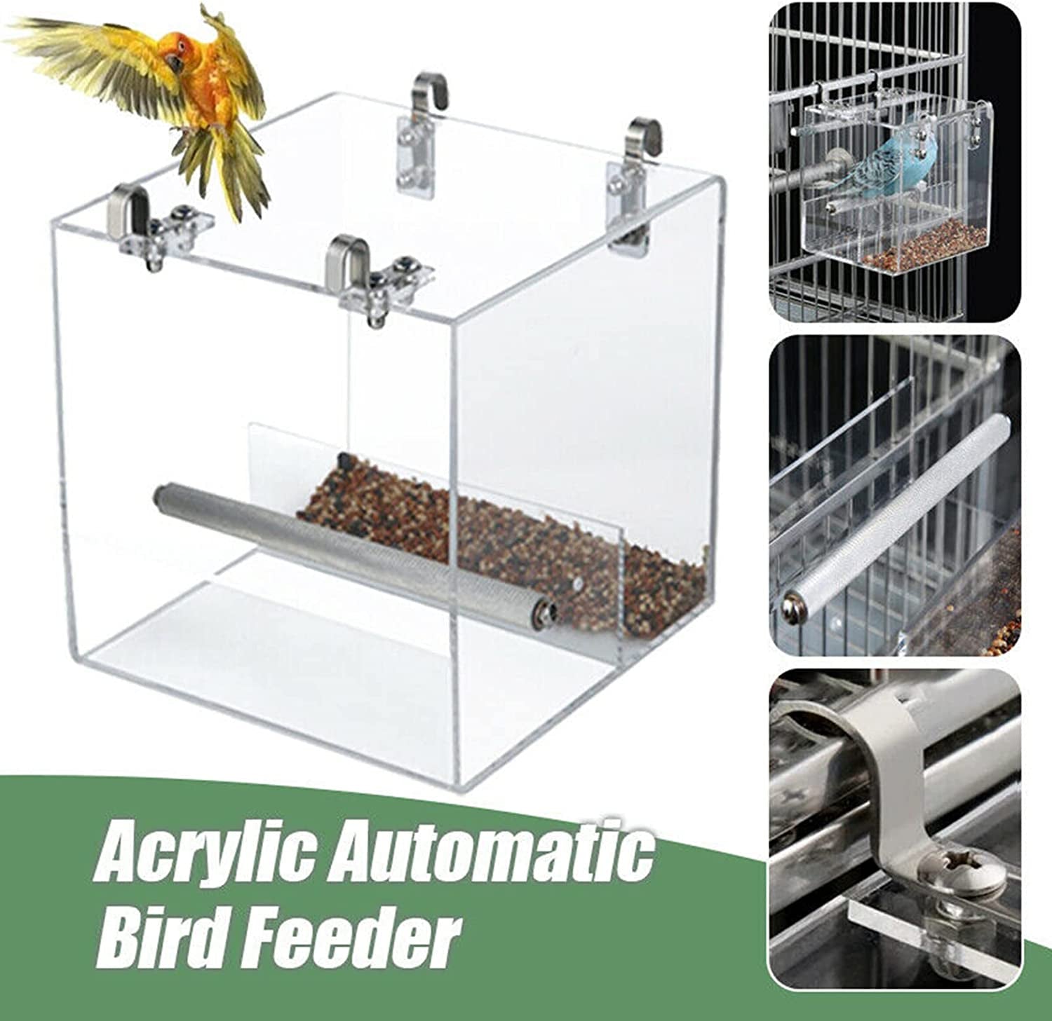 Automatic Bird Feeder No Mess Bird Cage Pet Feeder Seed Food Container for Parakeet Canary Cockatiel Parrot Finch Canary Acrylic (Small)