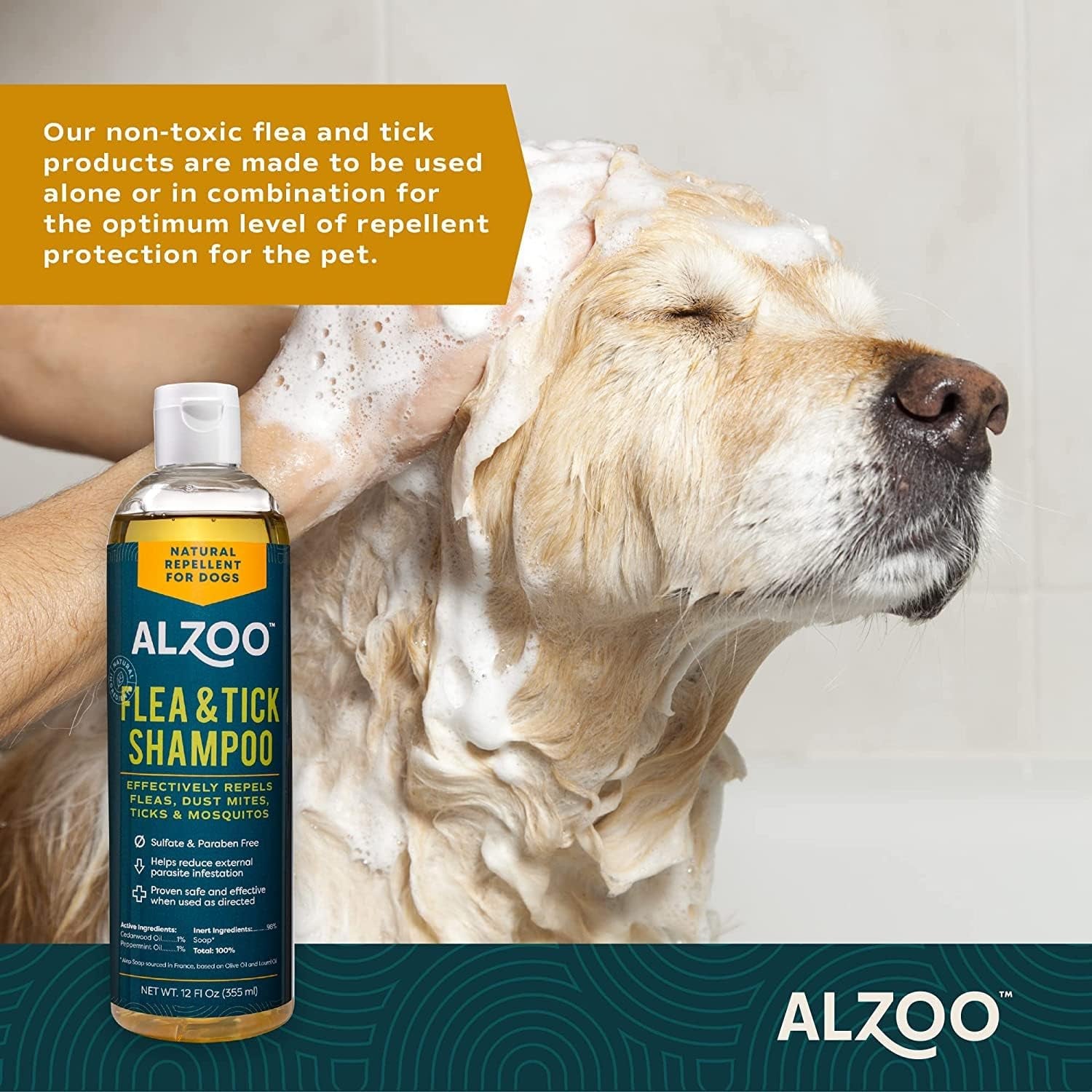 ALZOO Flea and Tick Repellent Shampoo for Dogs, Effectively Repels Fleas, Ticks & Mosquitos, 100% Plant-Based Active Ingredients, Sulfate & Paraben-Free, 12 Fl. Oz.