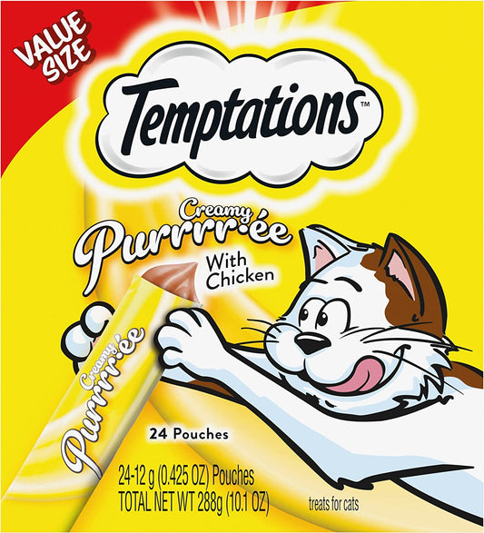 Temptations Creamy Puree with Chicken, Lickable Cat Treats, 0.42 Oz Pouches, 24 Count