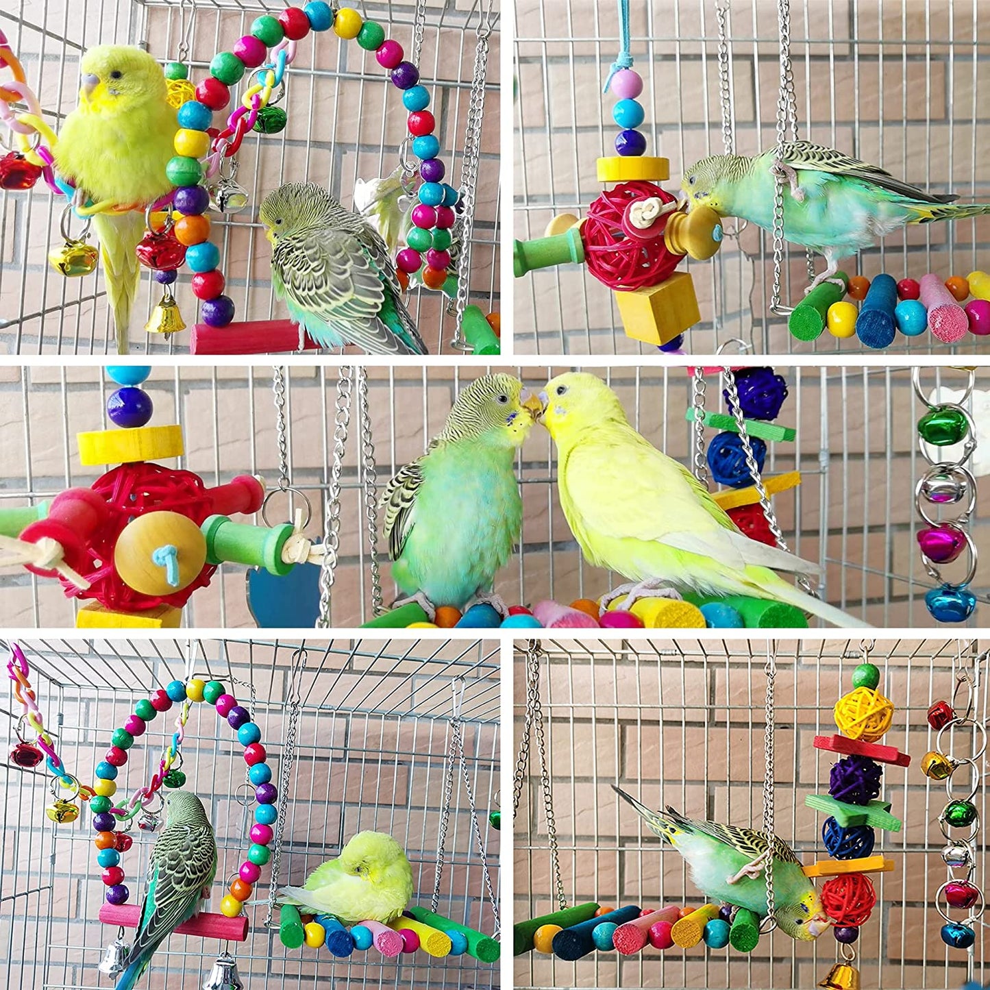 8 Pcs Parakeet Cockatiel Bird Toys, Hanging Bell Pet Bird Cage Hammock Swing Toy Wooden Perch Chewing Toy for Budgerigar, Conures, Love Birds, Finches, Mynah