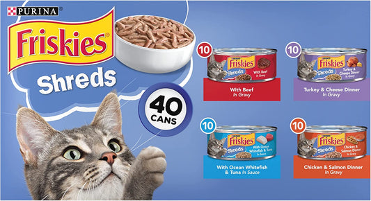 Purina Friskies Wet Cat Food Variety Pack, Shreds Beef, Turkey, Whitefish, and Chicken & Salmon - (40) 5.5 Oz. Cans