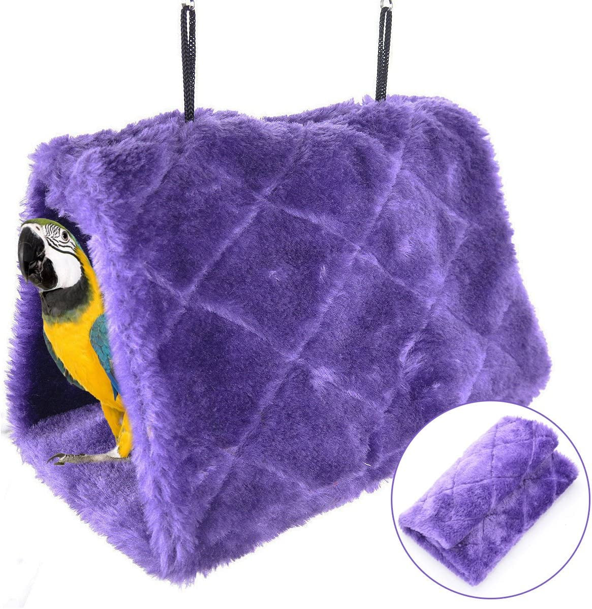 Winter Warm Bird Nest House Shed Hut Hanging Hammock Finch Cage Plush Fluffy Birds Hut Hideaway for Hamster Parrot Macaw Budgies Eclectus Parakeet Cockatiels Cockatoo Lovebird (L, Purple)