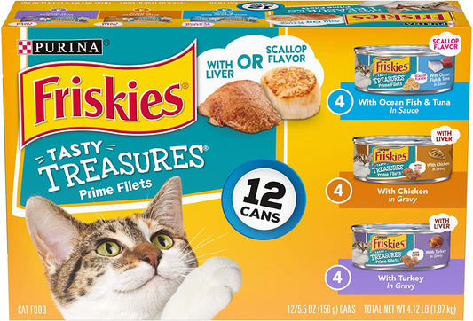 Purina Friskies Gravy Wet Cat Food Variety Pack, Tasty Treasures Prime Filets 5.5 Ounce (Pack of 12)