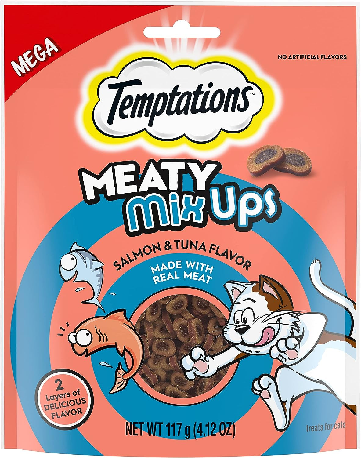 TEMPTATIONS Meaty Mixups Savory Cat Treats, Salmon & Tuna Flavor, 4.12 Oz. Pouch