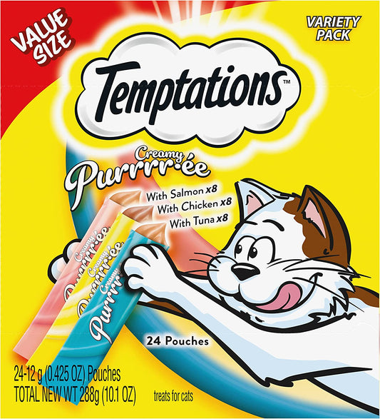 Temptations Creamy Puree with Chicken, Salmon, and Tuna, Variety Pack of Lickable Cat Treats, 0.42 Oz Pouches, 24 Count