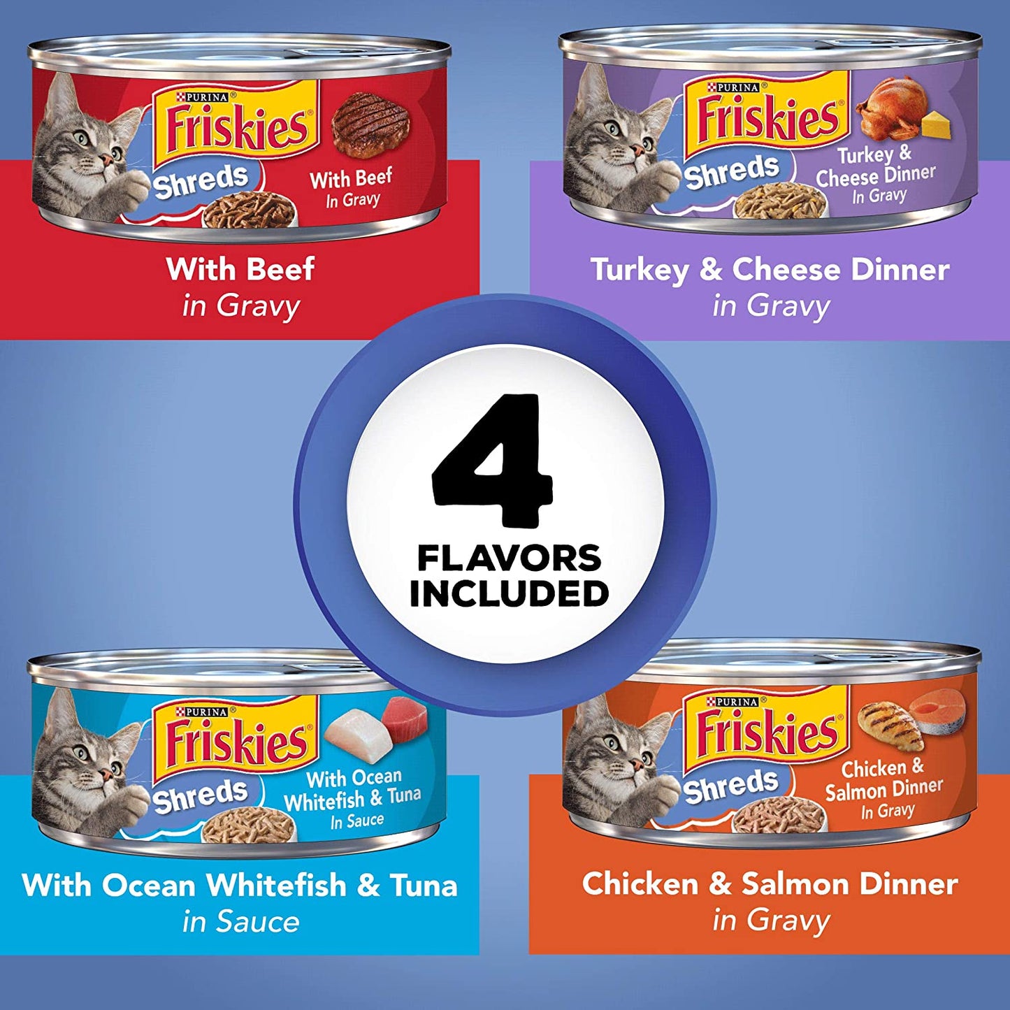 Purina Friskies Wet Cat Food Variety Pack, Shreds Beef, Turkey, Whitefish, and Chicken & Salmon - (40) 5.5 Oz. Cans