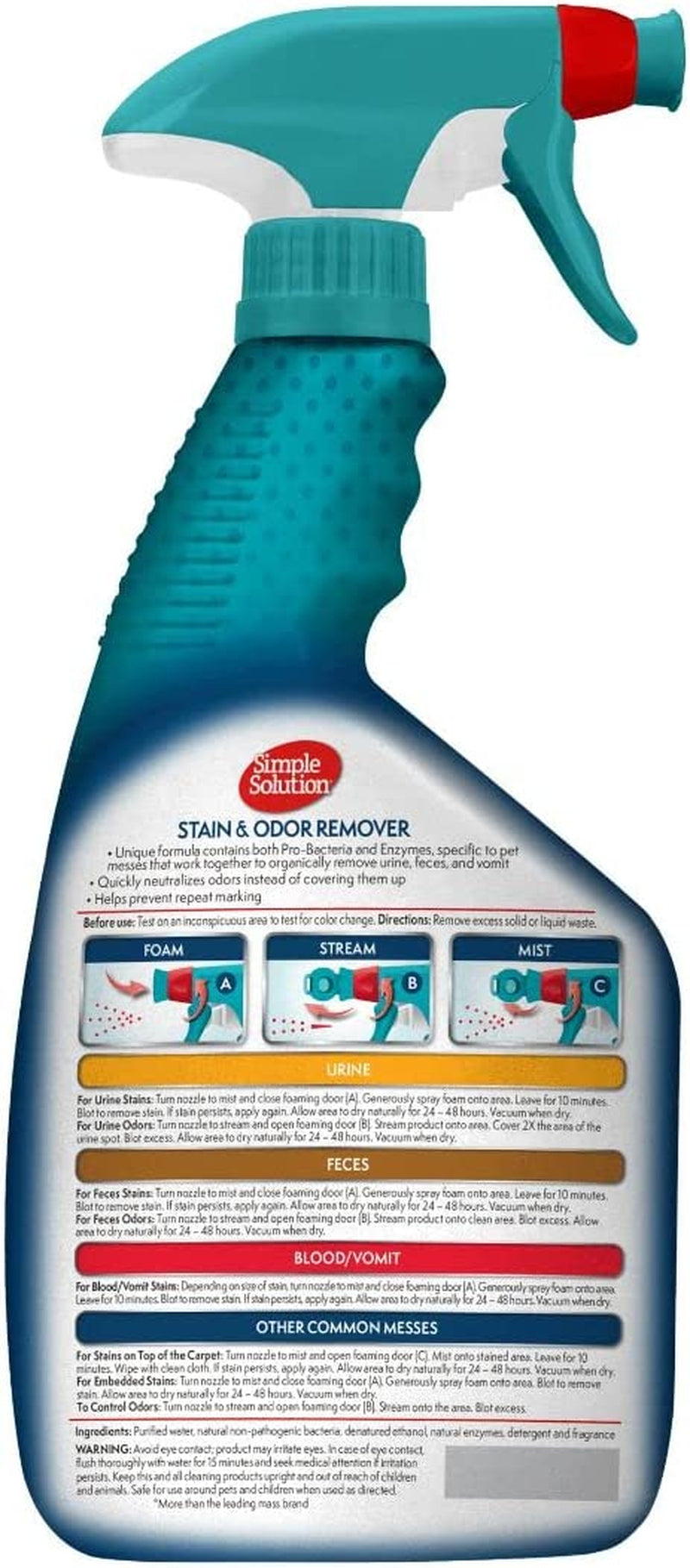 Simple Solution Pet Stain and Odor Remover | Enzymatic Cleaner with 2X Pro-Bacteria Cleaning Power | 32 Ounces