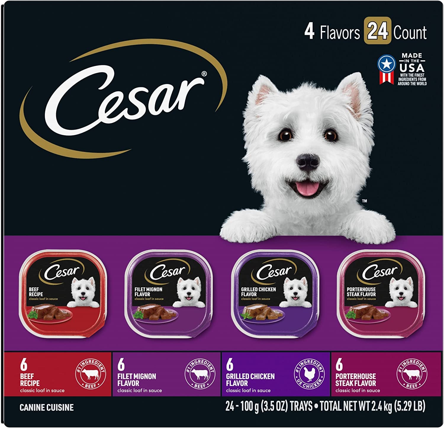 CESAR Adult Wet Dog Food Classic Loaf in Sauce Beef Recipe, Filet Mignon, Grilled Chicken and Porterhouse Steak Variety Pack, 3.5 Oz. Easy Peel Trays (Pack of 24)