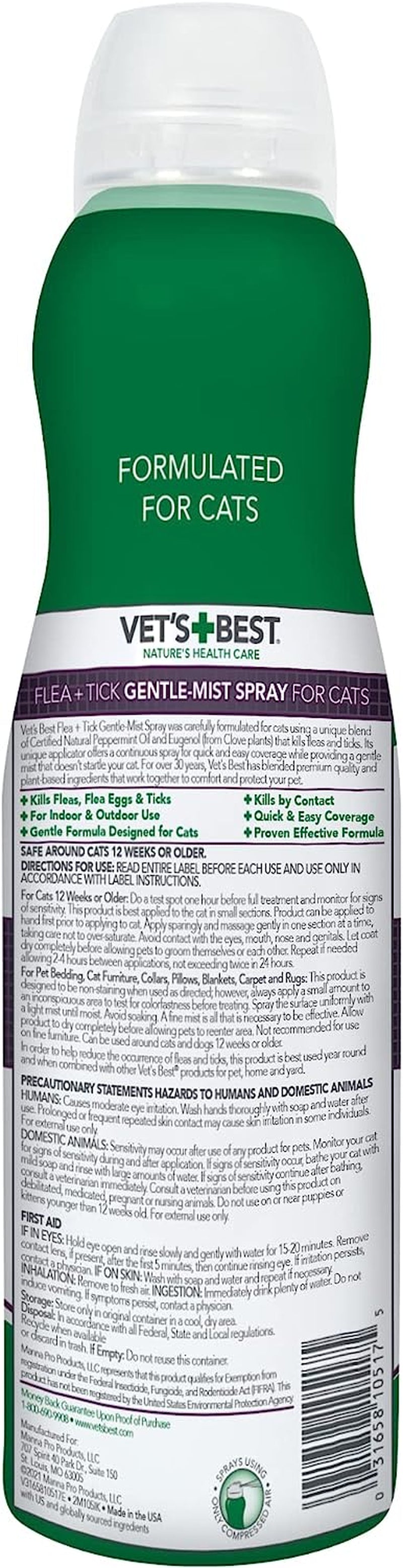 Flea and Tick Gentle-Mist Spray for Cats - Flea Treatment for Cats - Plant-Based Formula - Certified Natural Oils - Easy Application and Control - 6.3 Oz