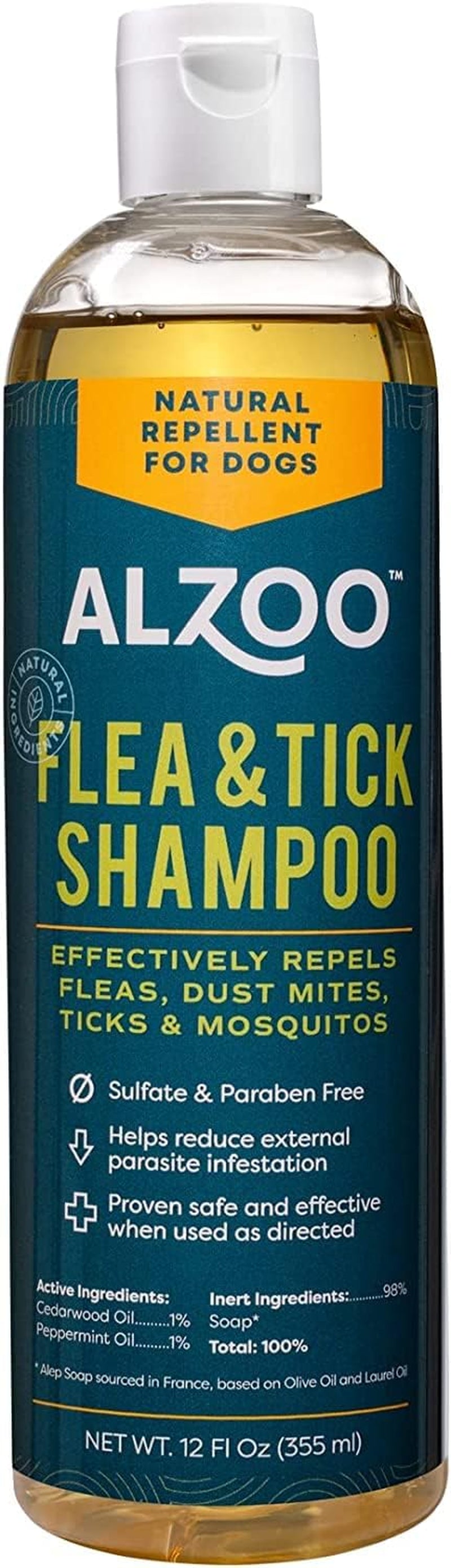 ALZOO Flea and Tick Repellent Shampoo for Dogs, Effectively Repels Fleas, Ticks & Mosquitos, 100% Plant-Based Active Ingredients, Sulfate & Paraben-Free, 12 Fl. Oz.