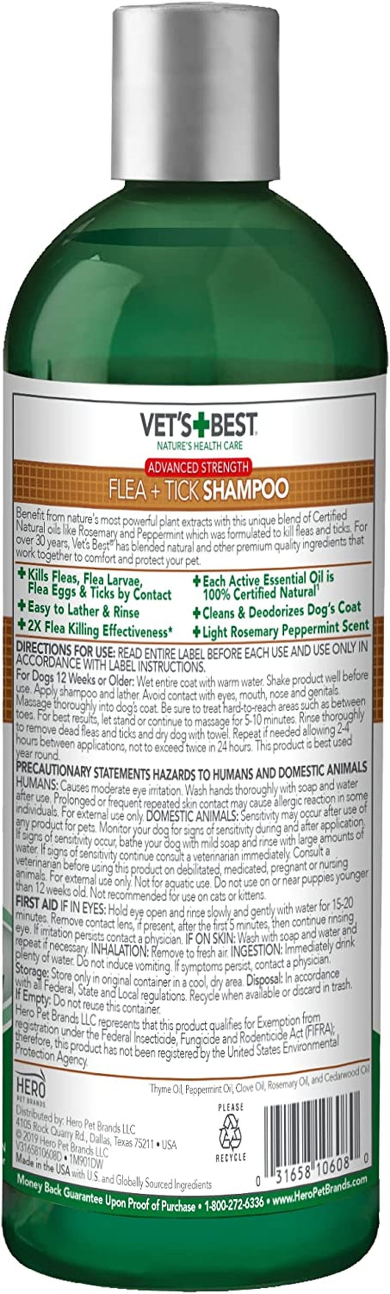 Vet’S Best Flea & Tick Advanced Strength Dog Shampoo - Dog Flea and Tick Treatment - Plant-Based Formula - Certified Natural Oils - 12 Oz