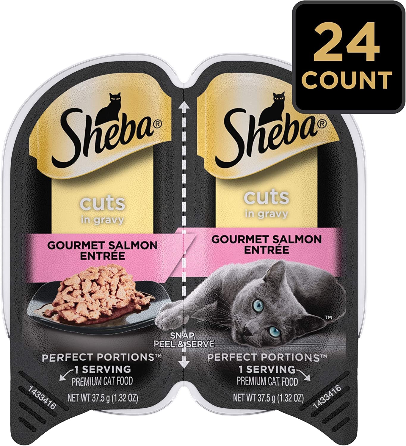 PERFECT PORTIONS Cuts in Gravy Adult Wet Cat Food Trays (24 Count, 48 Servings), Gourmet Salmon Entrée, Easy Peel Twin-Pack Trays