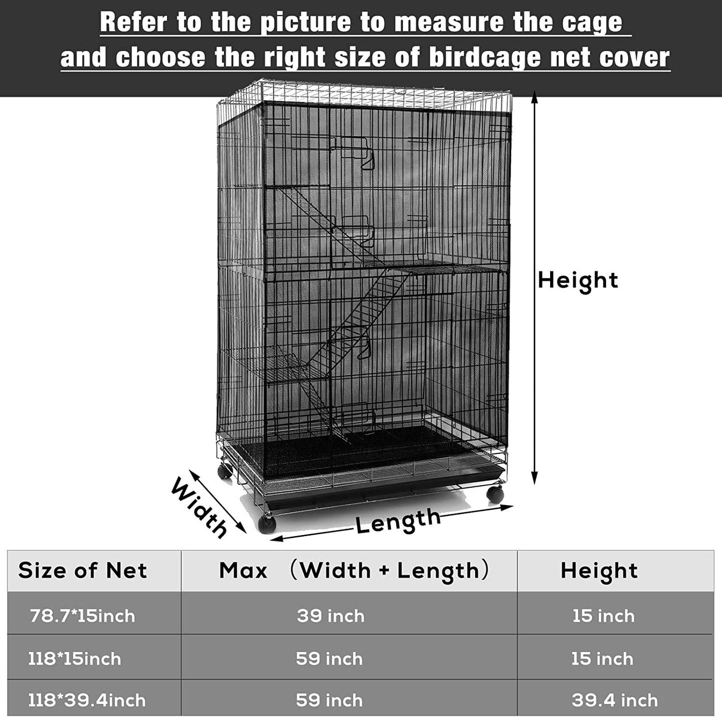 Adjustable Bird Cage Net Cover Birdcage Seed Feather Catcher Soft Skirt Guard Birdcage Nylon Mesh Netting for Parrot Parakeet Macaw round Square Cages (Black, 118 X 15 Inch/ 300 X 37 Cm)