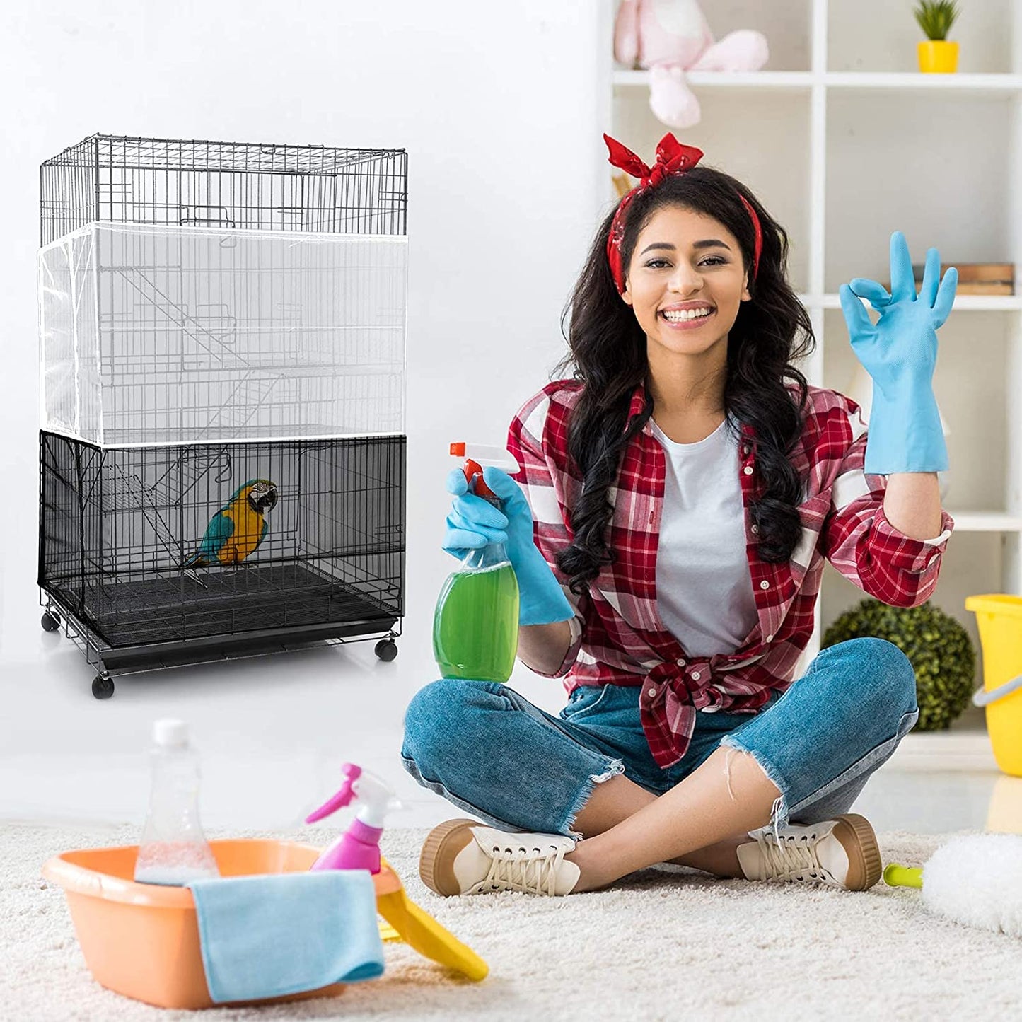 Adjustable Bird Cage Net Cover Birdcage Seed Feather Catcher Soft Skirt Guard Birdcage Nylon Mesh Netting for Parrot Parakeet Macaw round Square Cages (Black, 118 X 15 Inch/ 300 X 37 Cm)