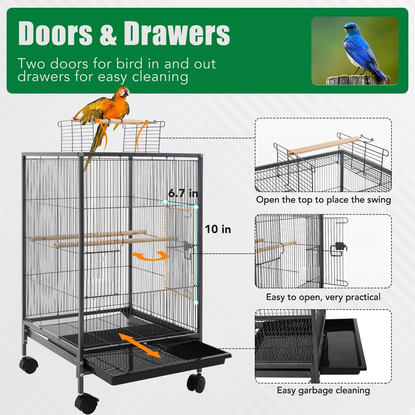 35 Inch 53 Inch Wrought Iron Bird Cage with Play Open Top and Rolling Stand,Large Parrot Cage Bird Cages for Parakeets,Cockatiel, Canary, Finch, Lovebird, Parrotlet,Pigeons (35 Inch)