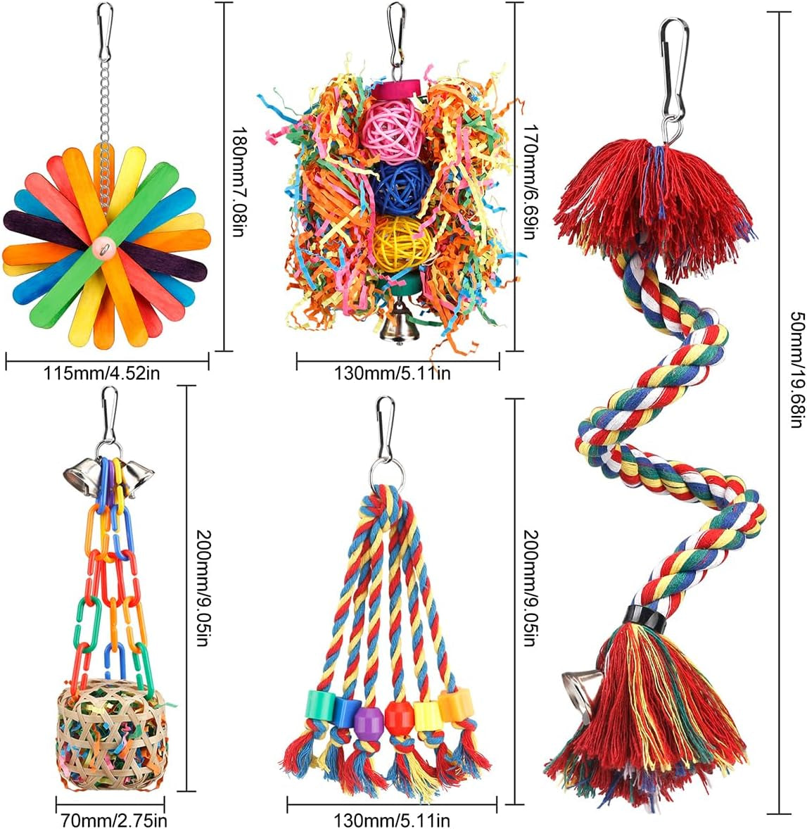 Bird Toys Bird Rope Perch with Bell Colorful Bird Chewing Shredding Foraging Toys Parakeet Toy Parrot Swing Climbing Standing Hanging Toys Bird Cage Accessories for Conure Cockatiel Budgies Lovebird