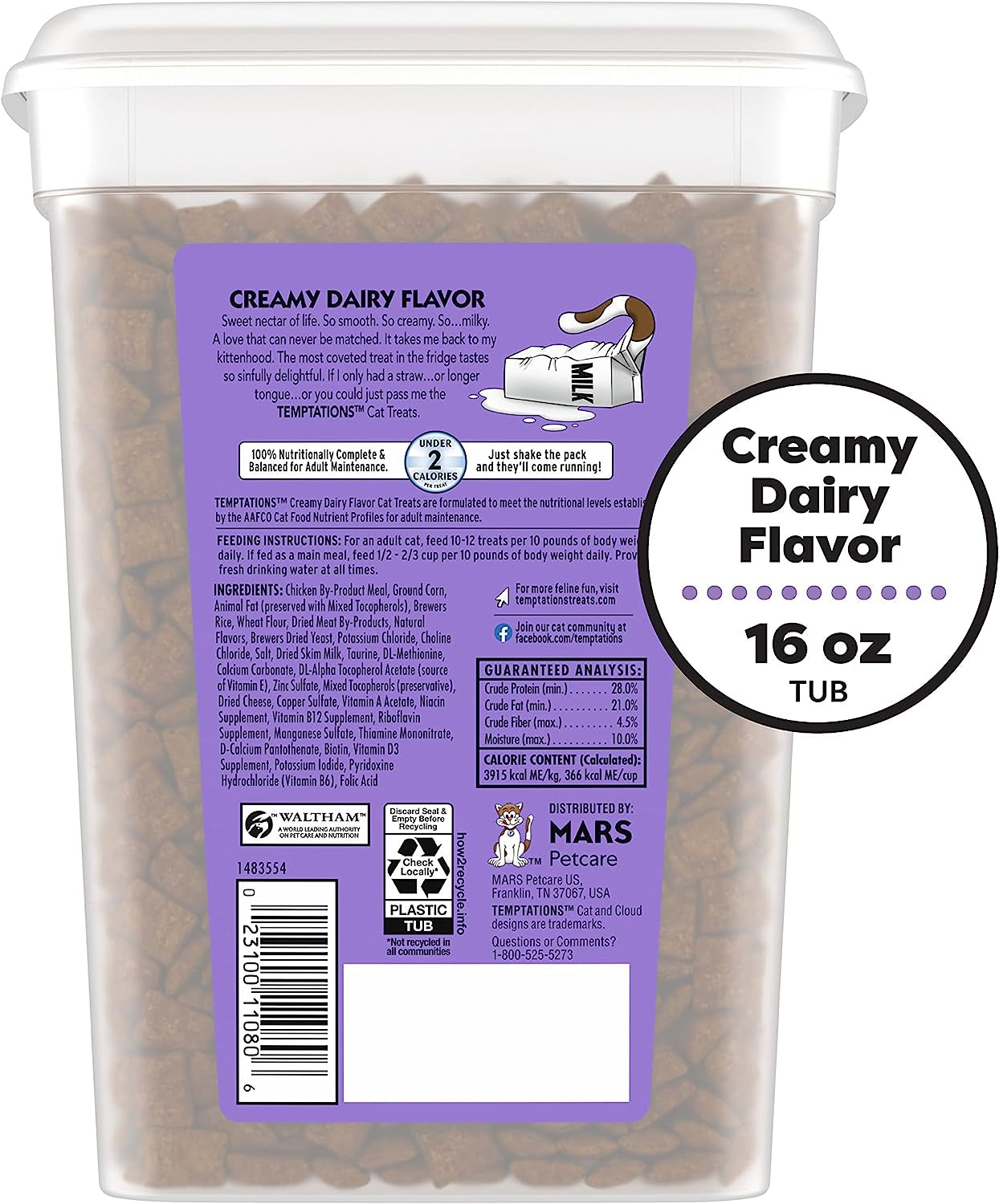 Classic Crunchy and Soft Cat Treats Creamy Dairy Flavor, 16 Oz. Tub