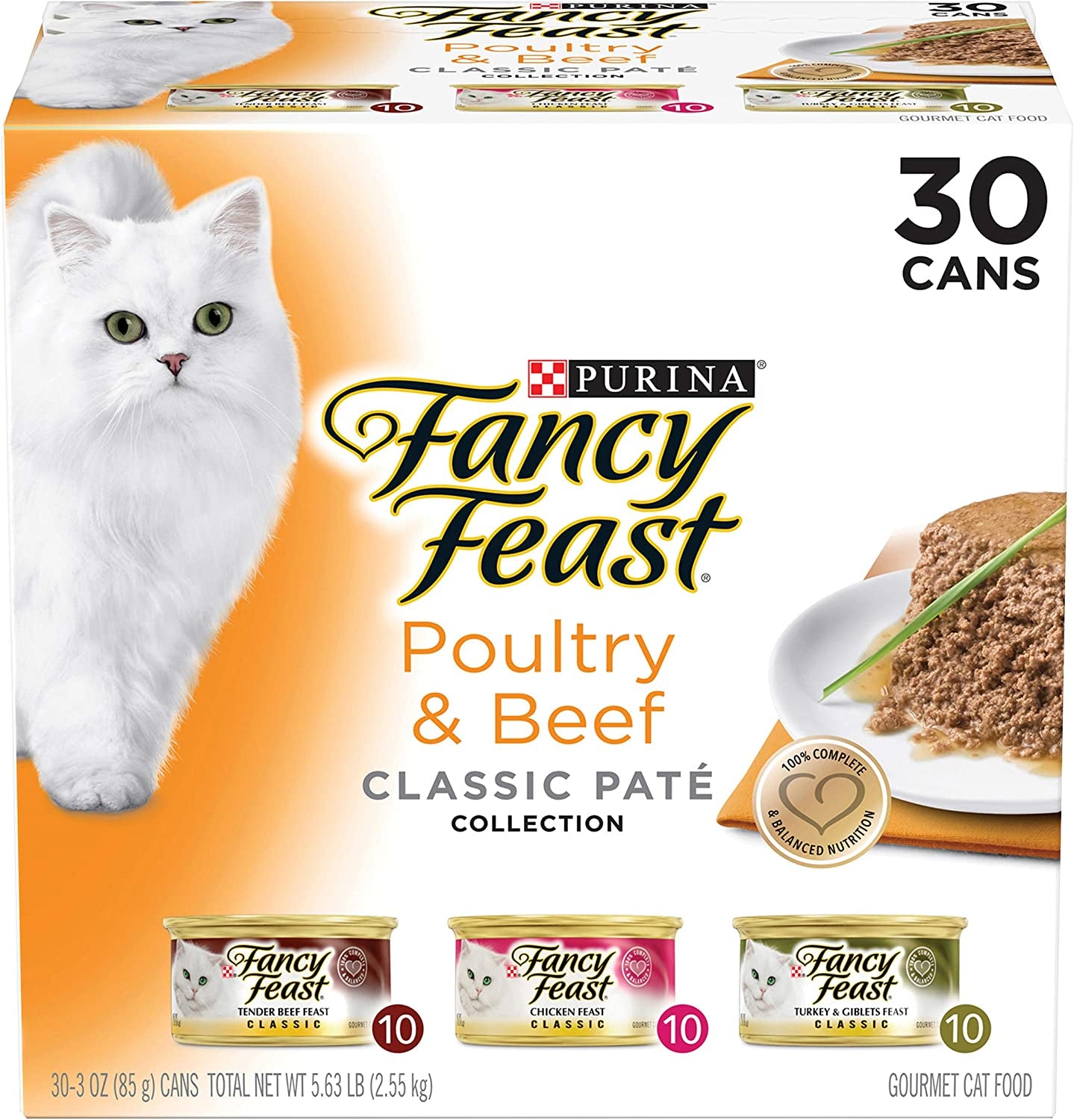 Fancy Feast Poultry and Beef Feast Classic Pate Collection Grain Free Wet Cat Food Variety Pack - (30) 3 Oz. Cans