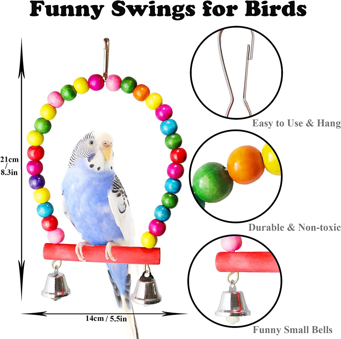 8 Pcs Parakeet Cockatiel Bird Toys, Hanging Bell Pet Bird Cage Hammock Swing Toy Wooden Perch Chewing Toy for Budgerigar, Conures, Love Birds, Finches, Mynah