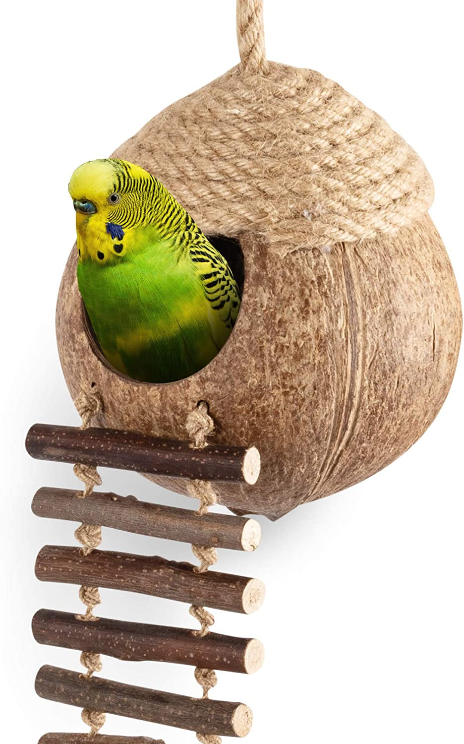 Coconut Bird Nest Hut with Ladder for Parrots Parakeet Conures Cockatiel - Small Animals House Pet Cage Habitats Decor