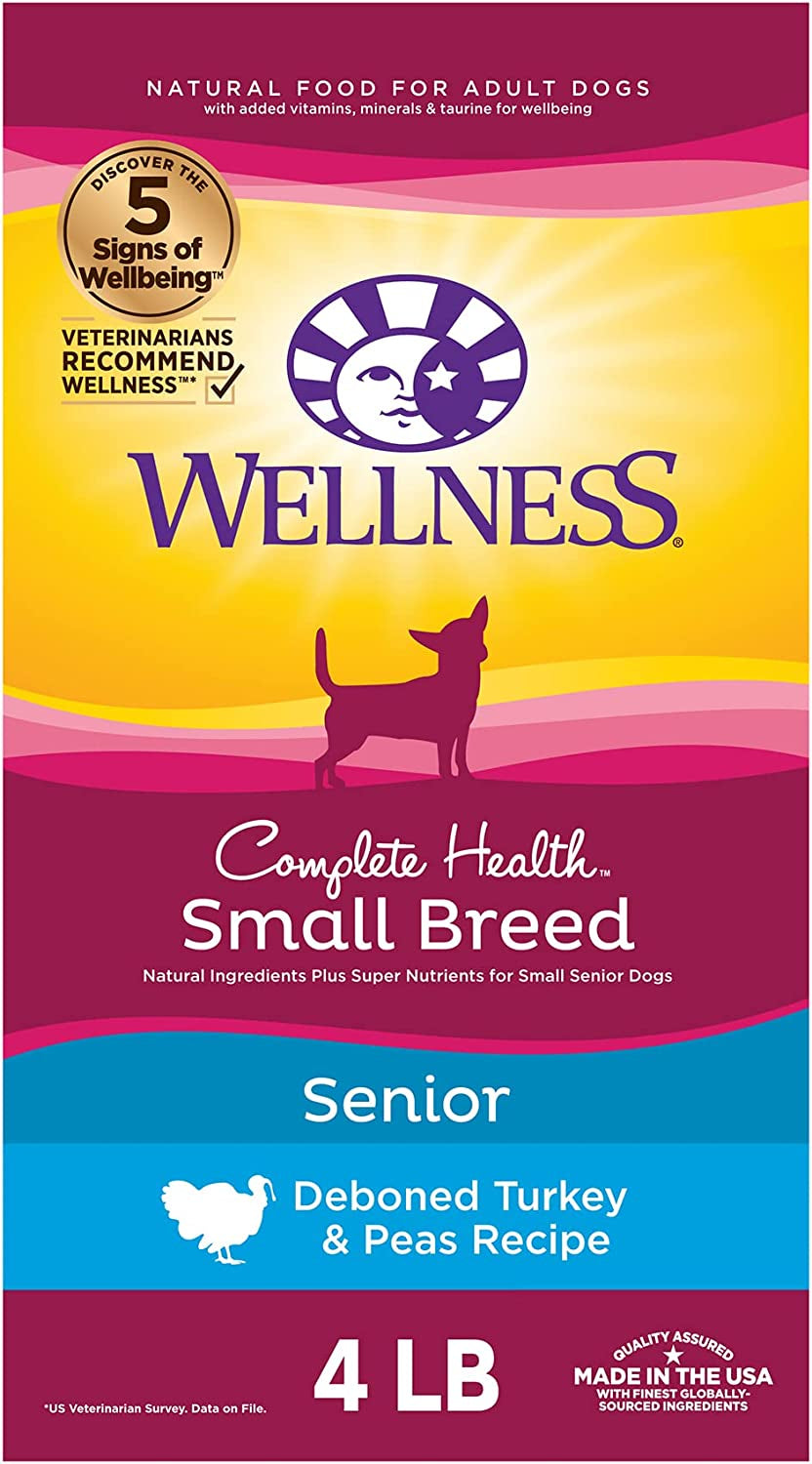 Wellness Complete Health Small Breed Dry Dog Food with Grains, Natural Ingredients, Made in USA with Real Turkey, for Dogs up to 25 Lbs. (Senior, Turkey & Peas, 4-Pound Bag)