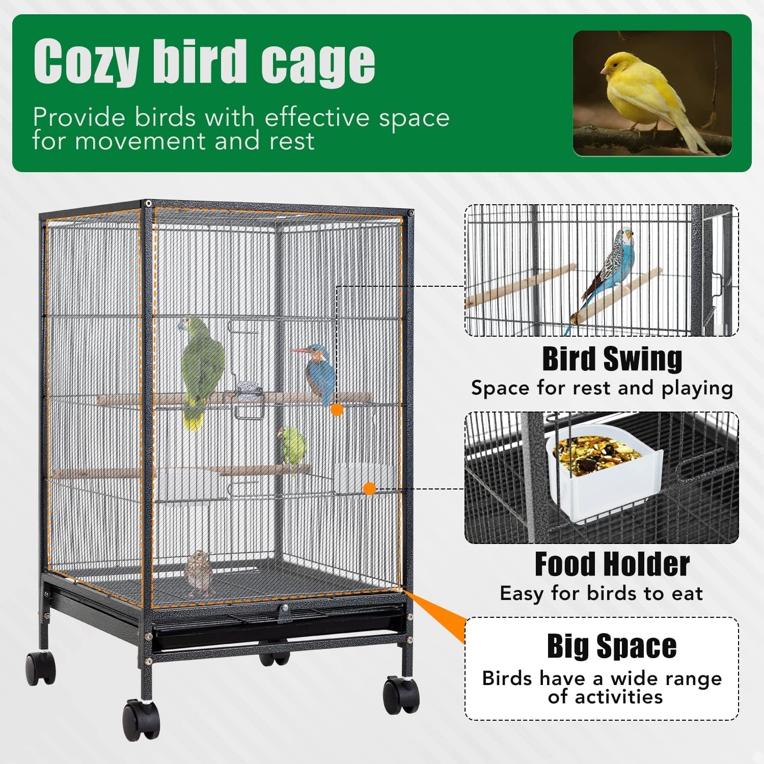 35 Inch 53 Inch Wrought Iron Bird Cage with Play Open Top and Rolling Stand,Large Parrot Cage Bird Cages for Parakeets,Cockatiel, Canary, Finch, Lovebird, Parrotlet,Pigeons (35 Inch)