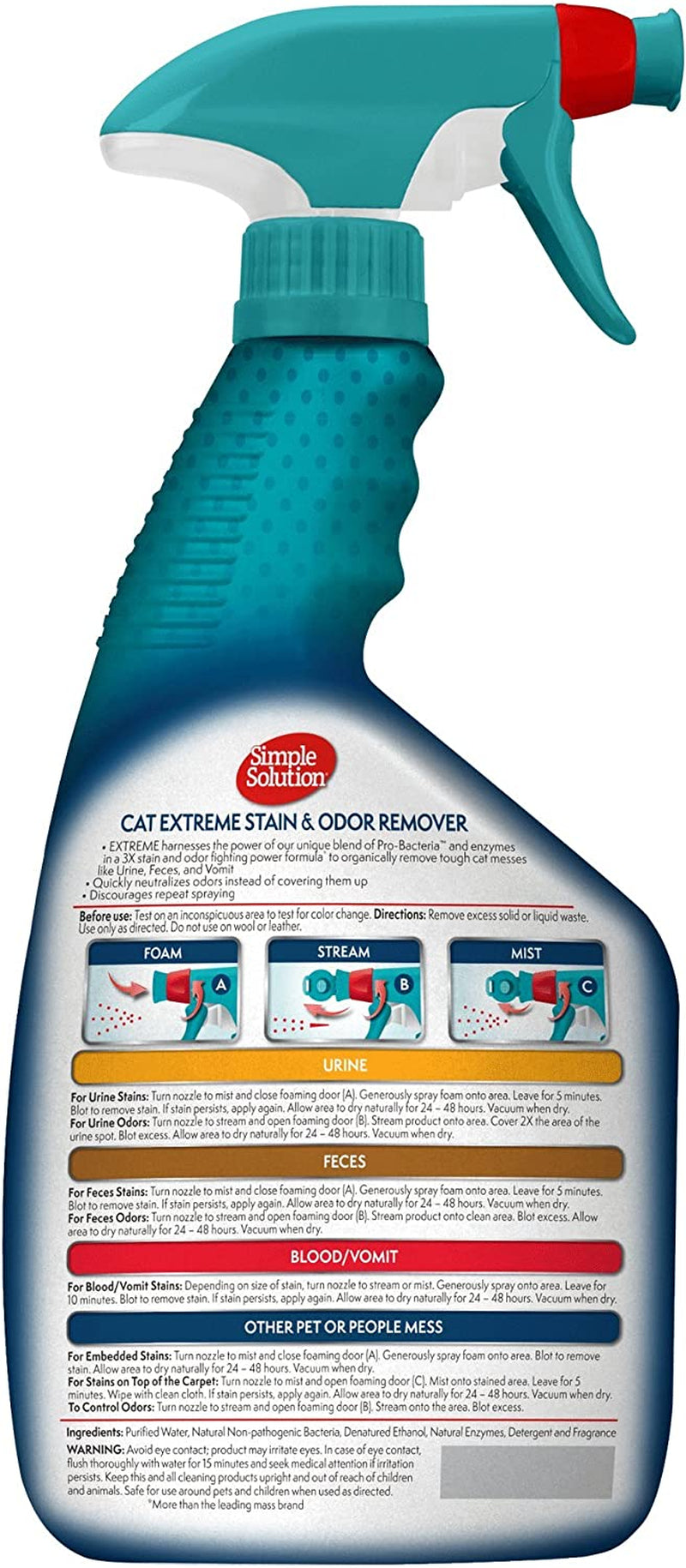 Simple Solution Cat Extreme Pet Stain and Odor Remover | Enzymatic Cleaner with 3X Pro-Bacteria Cleaning Power | 32 Ounces