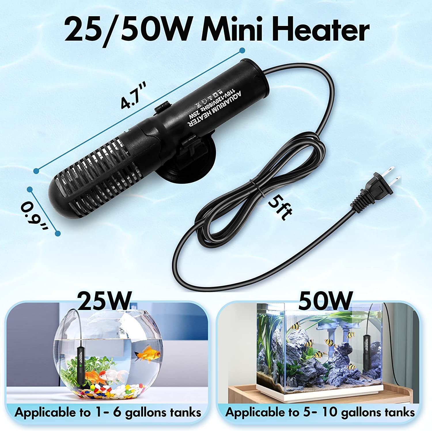 25W Small Submersible Aquarium Heater, Constant Temperature Betta Fish Tank Heater of 78℉For 1-6 Gallons Freshwater & Saltwater Tanks