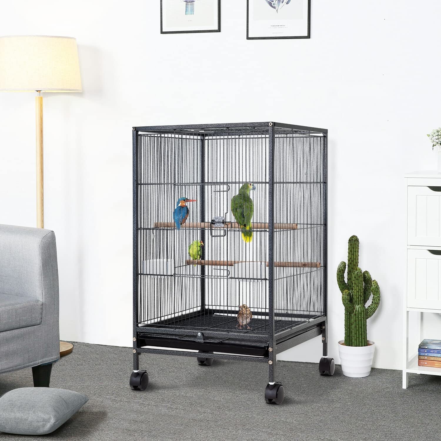 35 Inch 53 Inch Wrought Iron Bird Cage with Play Open Top and Rolling Stand,Large Parrot Cage Bird Cages for Parakeets,Cockatiel, Canary, Finch, Lovebird, Parrotlet,Pigeons (35 Inch)