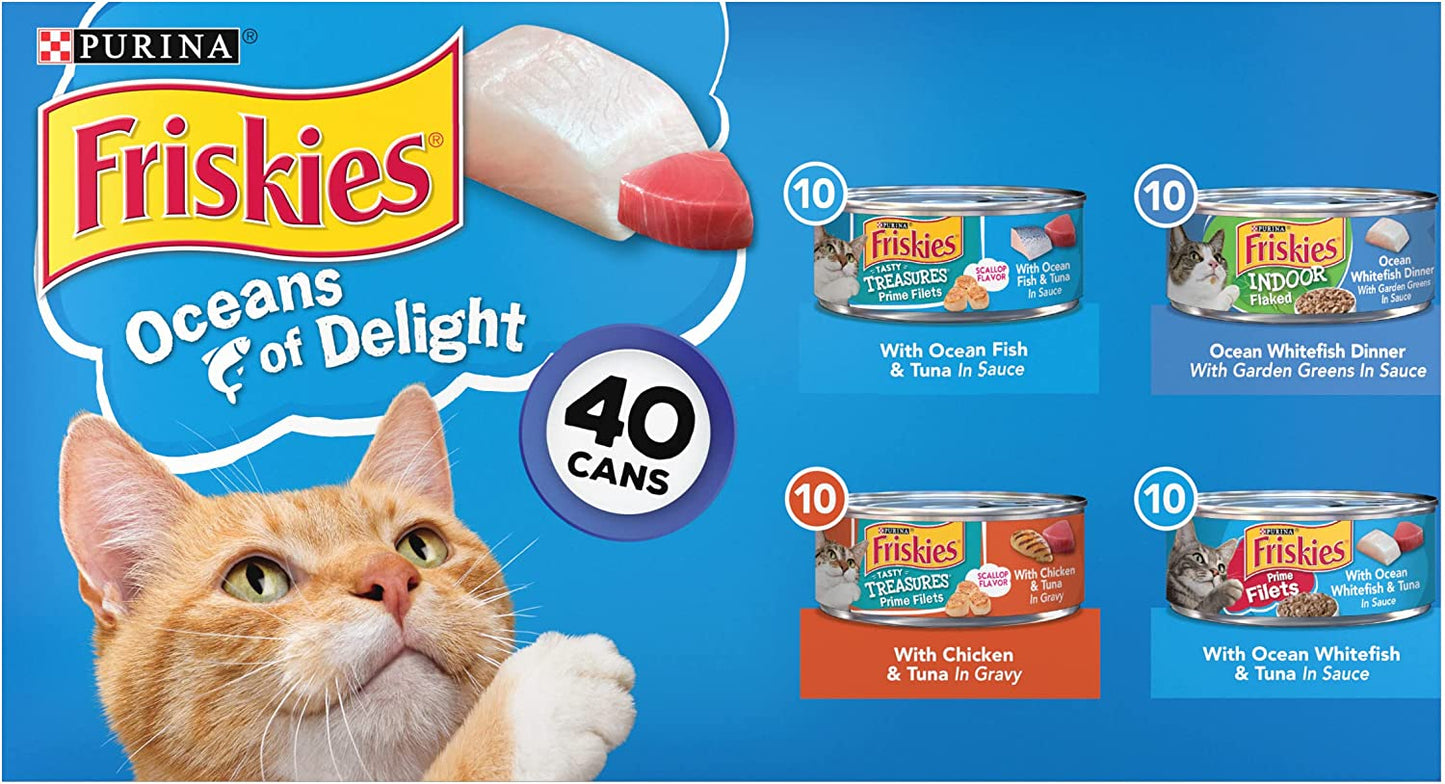 Purina Friskies Wet Cat Food Variety Pack, Oceans of Delight Flaked & Prime Filets - (40) 5.5 Oz. Cans