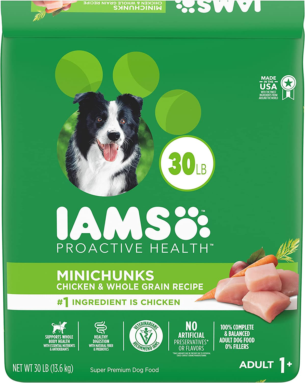 IAMS Adult Minichunks Small Kibble High Protein Dry Dog Food with Real Chicken, 30 Lb. Bag