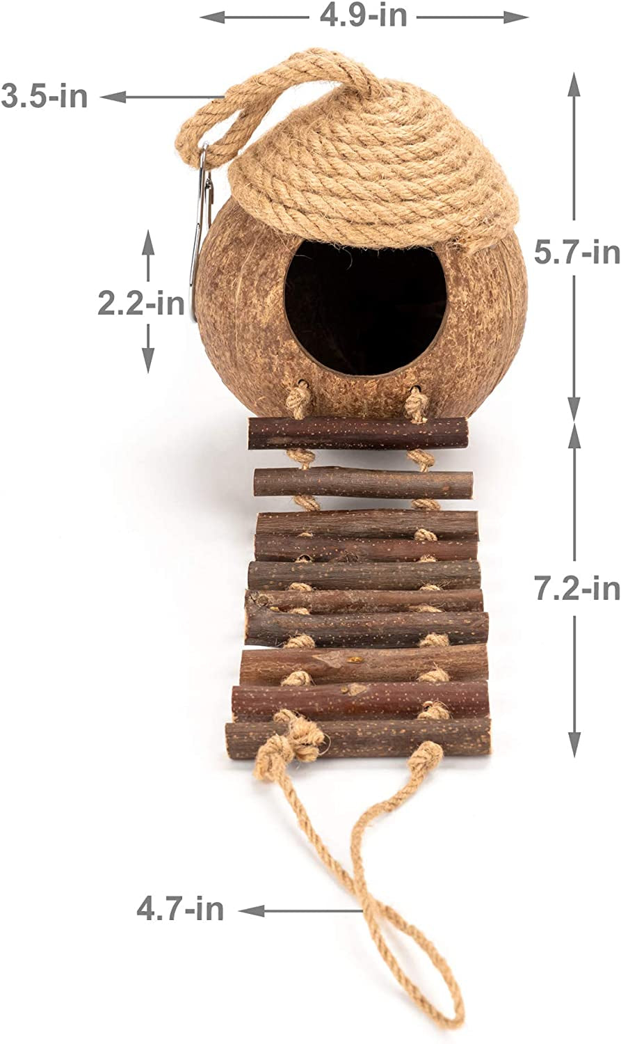 Coconut Bird Nest Hut with Ladder for Parrots Parakeet Conures Cockatiel - Small Animals House Pet Cage Habitats Decor