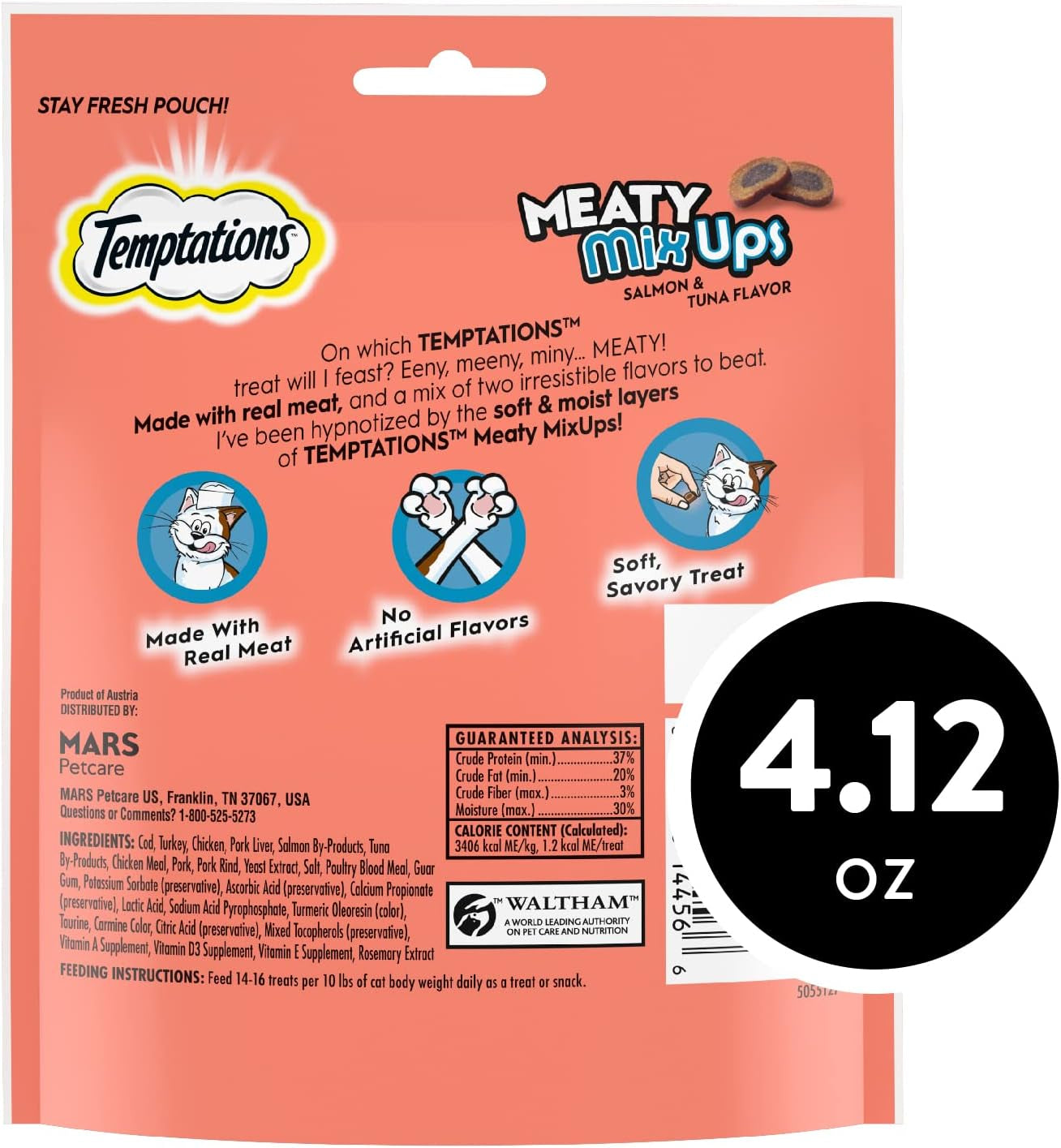 TEMPTATIONS Meaty Mixups Savory Cat Treats, Salmon & Tuna Flavor, 4.12 Oz. Pouch