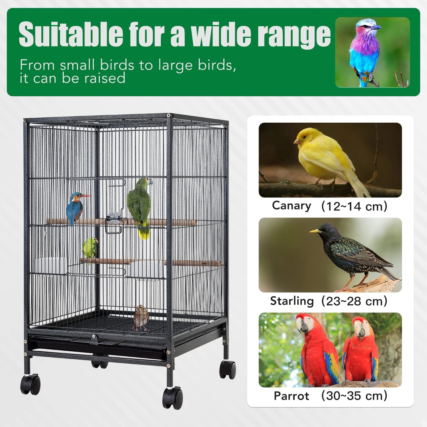 35 Inch 53 Inch Wrought Iron Bird Cage with Play Open Top and Rolling Stand,Large Parrot Cage Bird Cages for Parakeets,Cockatiel, Canary, Finch, Lovebird, Parrotlet,Pigeons (35 Inch)